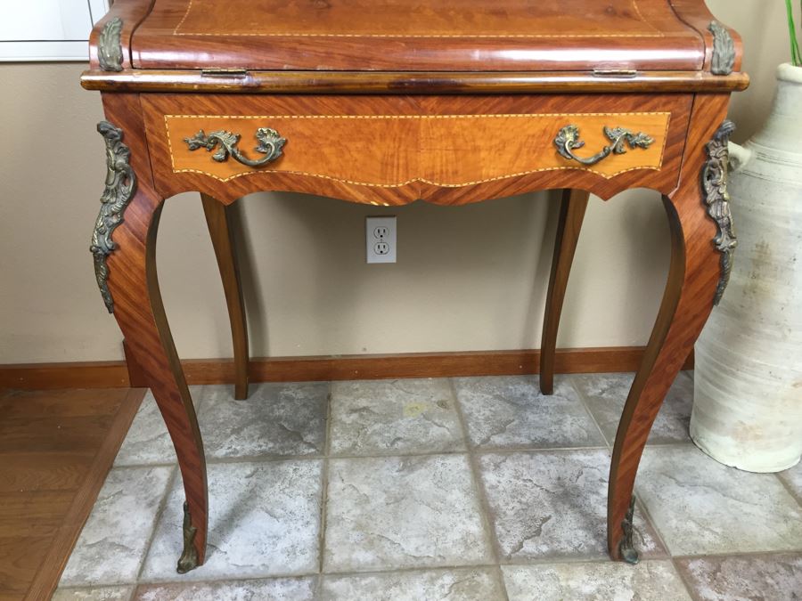 Stunning Vintage Bureau Writing Desk With Nice Inlay Work And Metal Accents [Photo 4]