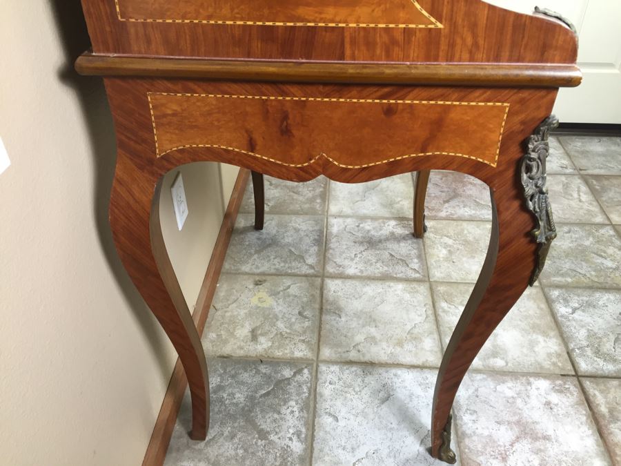 Stunning Vintage Bureau Writing Desk With Nice Inlay Work And Metal Accents [Photo 7]