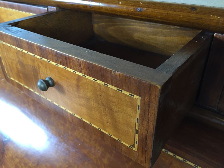 Stunning Vintage Bureau Writing Desk With Nice Inlay Work And Metal Accents [Photo 9]