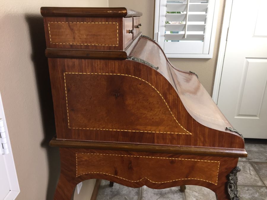 Stunning Vintage Bureau Writing Desk With Nice Inlay Work And Metal Accents [Photo 6]
