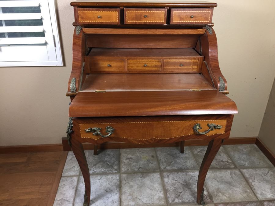 Stunning Vintage Bureau Writing Desk With Nice Inlay Work And Metal Accents [Photo 14]