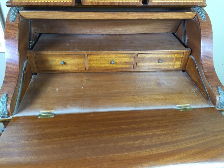 Stunning Vintage Bureau Writing Desk With Nice Inlay Work And Metal Accents [Photo 15]