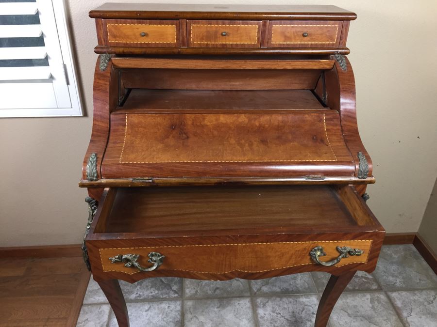 Stunning Vintage Bureau Writing Desk With Nice Inlay Work And Metal Accents [Photo 11]