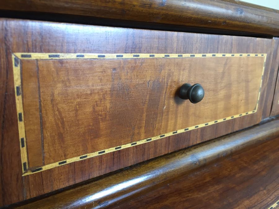 Stunning Vintage Bureau Writing Desk With Nice Inlay Work And Metal Accents [Photo 8]