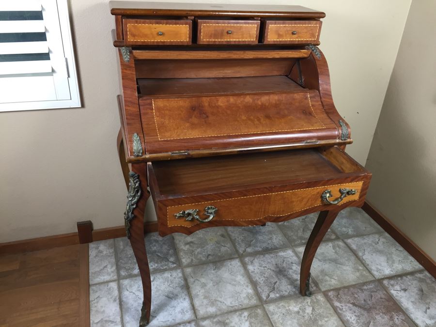 Stunning Vintage Bureau Writing Desk With Nice Inlay Work And Metal Accents [Photo 13]