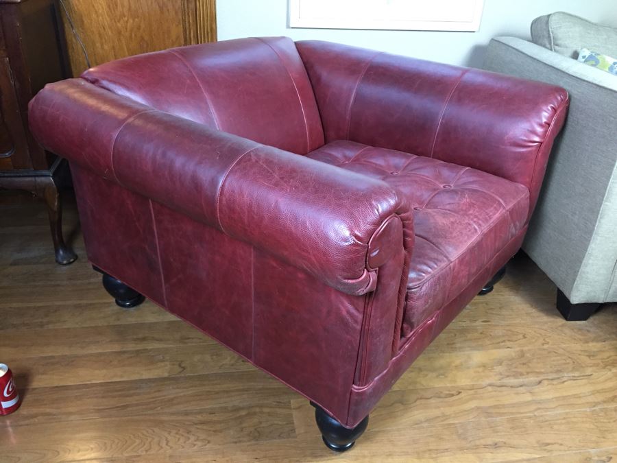 Burgundy Leather Armchair With Leather Throw Pillows [Photo 7]