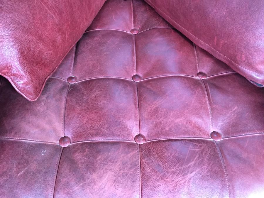 Burgundy Leather Armchair With Leather Throw Pillows [Photo 13]