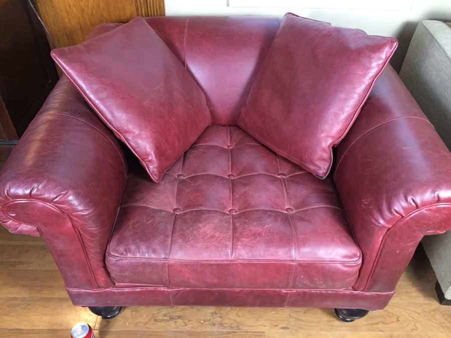Burgundy Leather Armchair With Leather Throw Pillows [Photo 3]