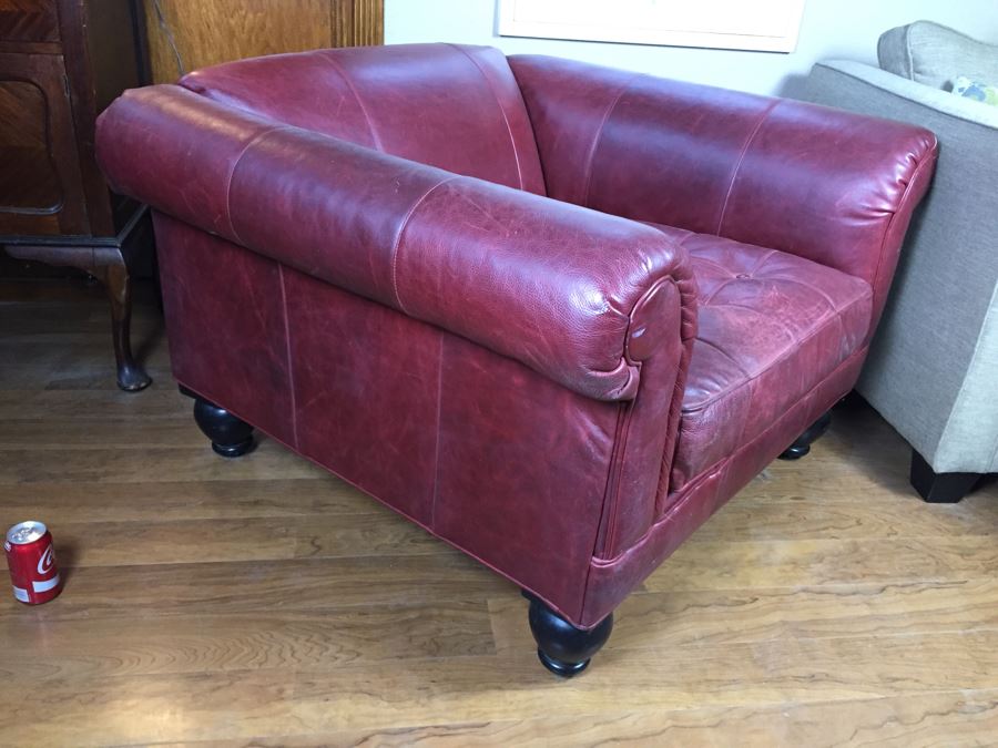 Burgundy Leather Armchair With Leather Throw Pillows [Photo 6]
