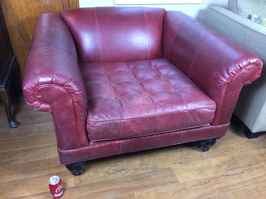 Burgundy Leather Armchair With Leather Throw Pillows [Photo 5]