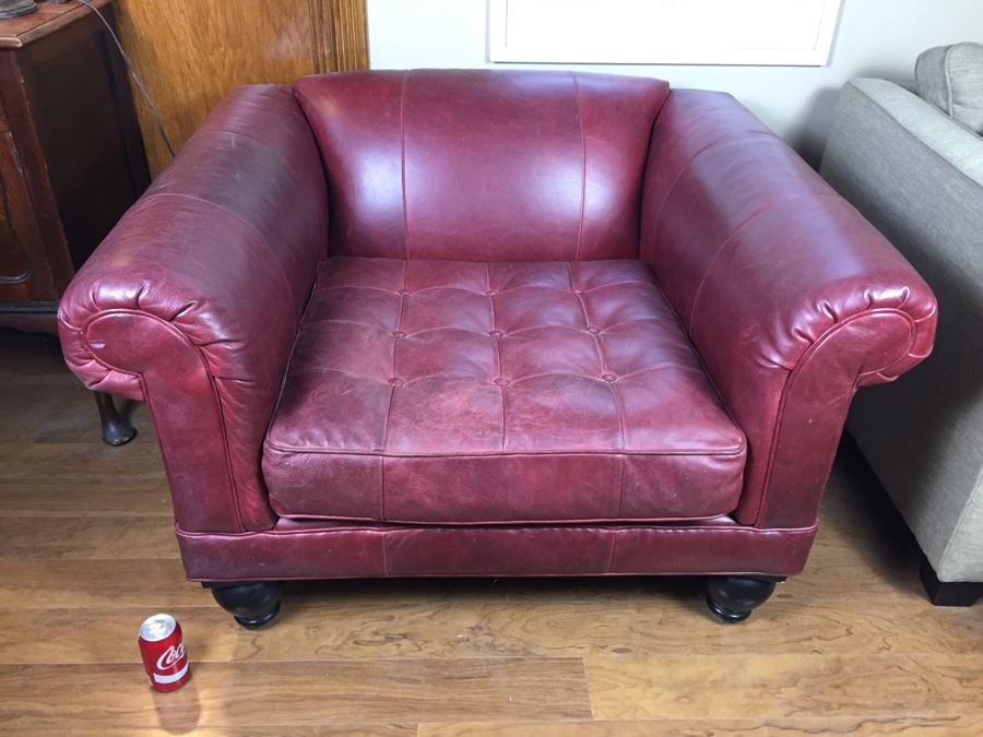 Burgundy Leather Armchair With Leather Throw Pillows [Photo 4]