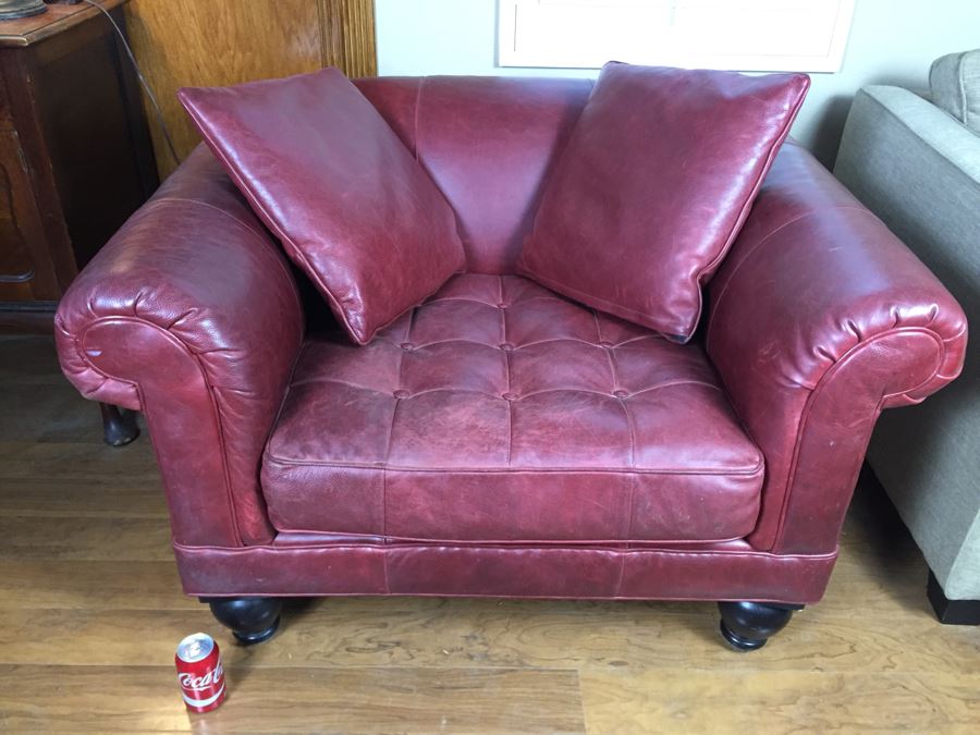 Burgundy Leather Armchair With Leather Throw Pillows [Photo 12]