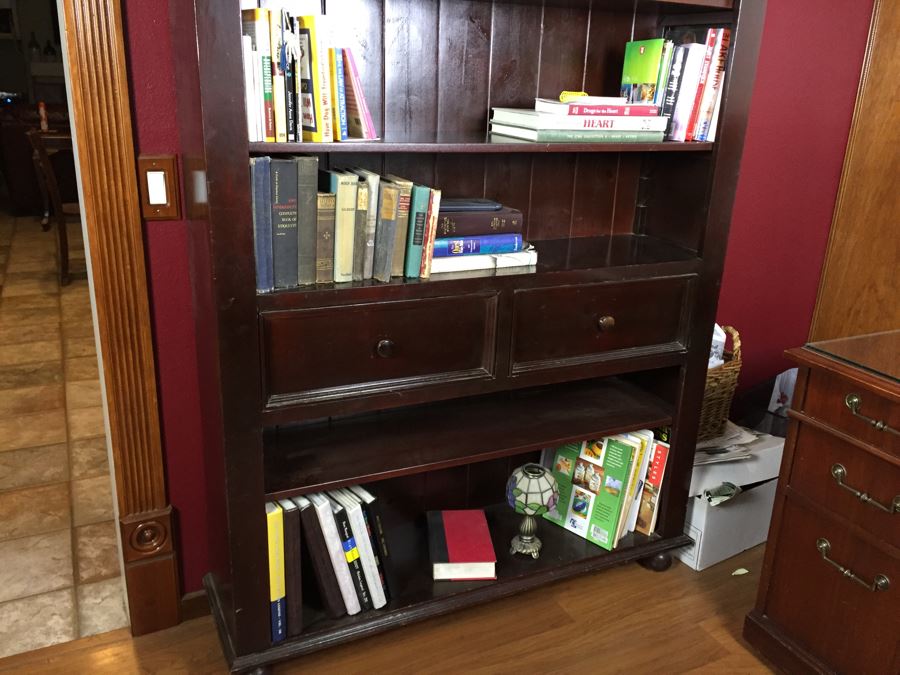 Tall Wooden Footed Adjustable Bookcase Bookshelf With 2 Drawers [Photo 4]