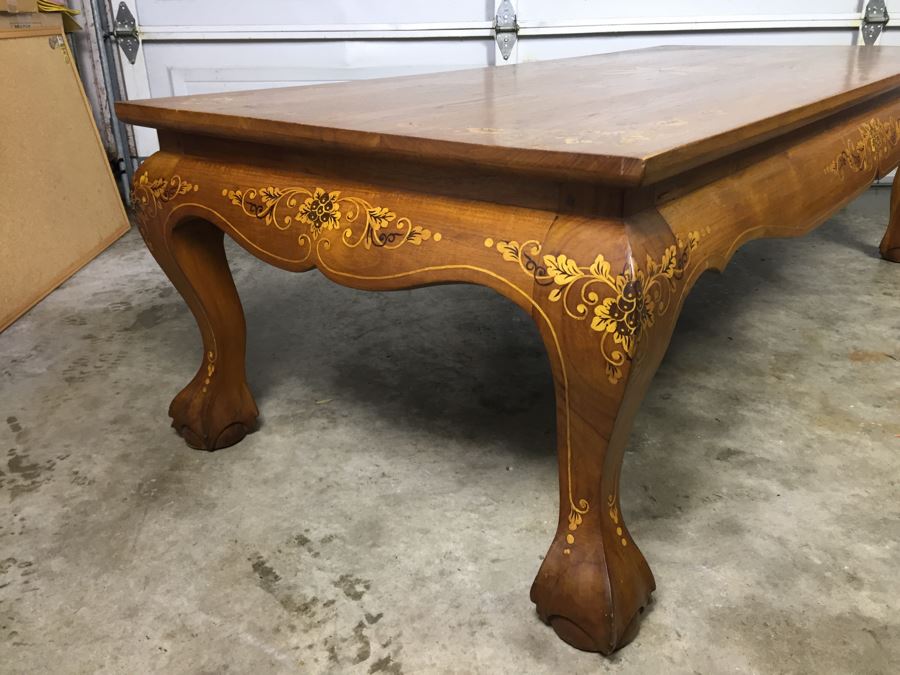 Stunning Wooden Coffee Table With Chippendale Ball And Claw Feet And Inlay Work All Over Top And Legs [Photo 14]