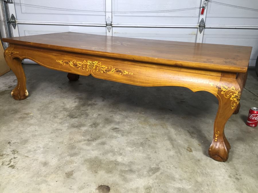 Stunning Wooden Coffee Table With Chippendale Ball And Claw Feet And Inlay Work All Over Top And Legs [Photo 18]