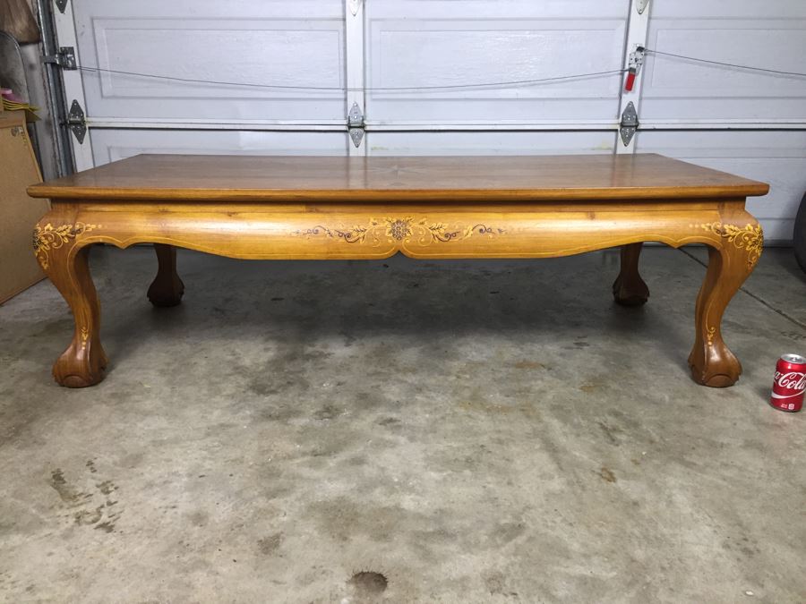 Stunning Wooden Coffee Table With Chippendale Ball And Claw Feet And Inlay Work All Over Top And Legs