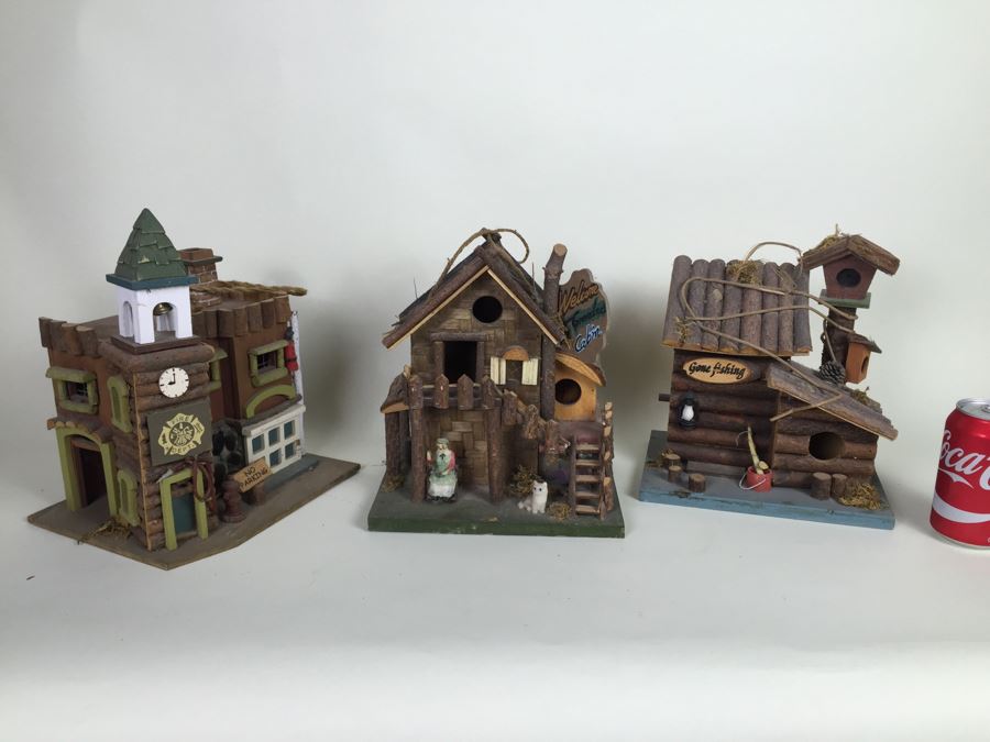 (3) Wooden Crafted Log Cabin Style Bird Houses [Photo 1]