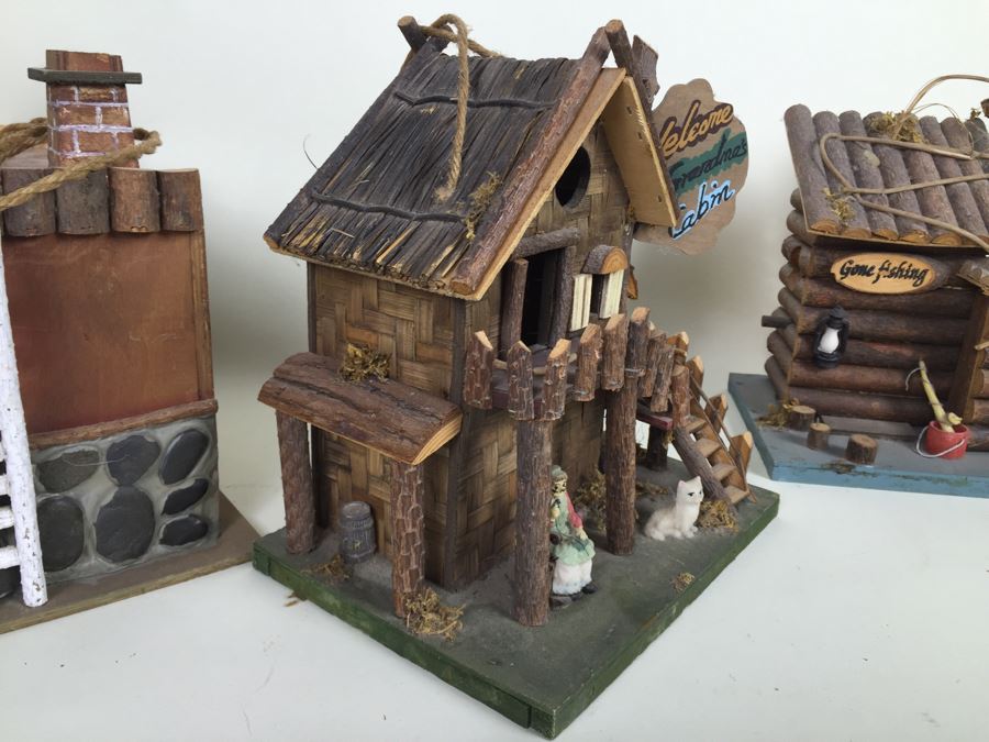 (3) Wooden Crafted Log Cabin Style Bird Houses [Photo 14]