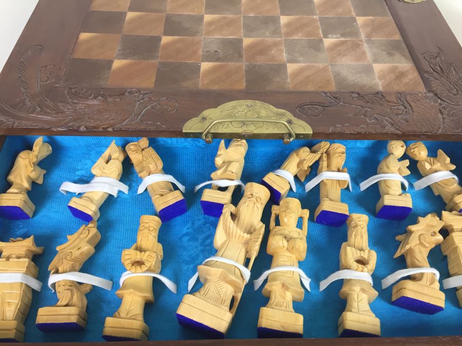Portable Asian Wooden Chess Set With Brass Accents And Carved Wood Chess Pieces [Photo 17]
