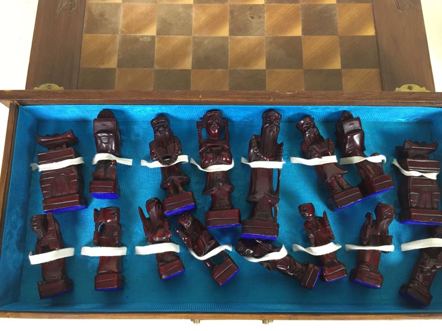 Portable Asian Wooden Chess Set With Brass Accents And Carved Wood Chess Pieces [Photo 2]