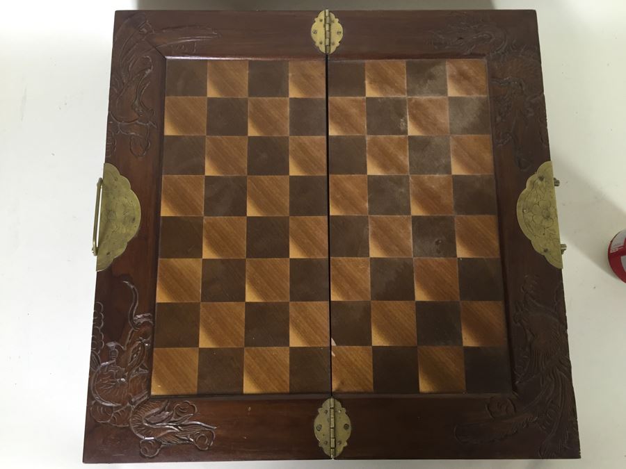Portable Asian Wooden Chess Set With Brass Accents And Carved Wood Chess Pieces [Photo 5]