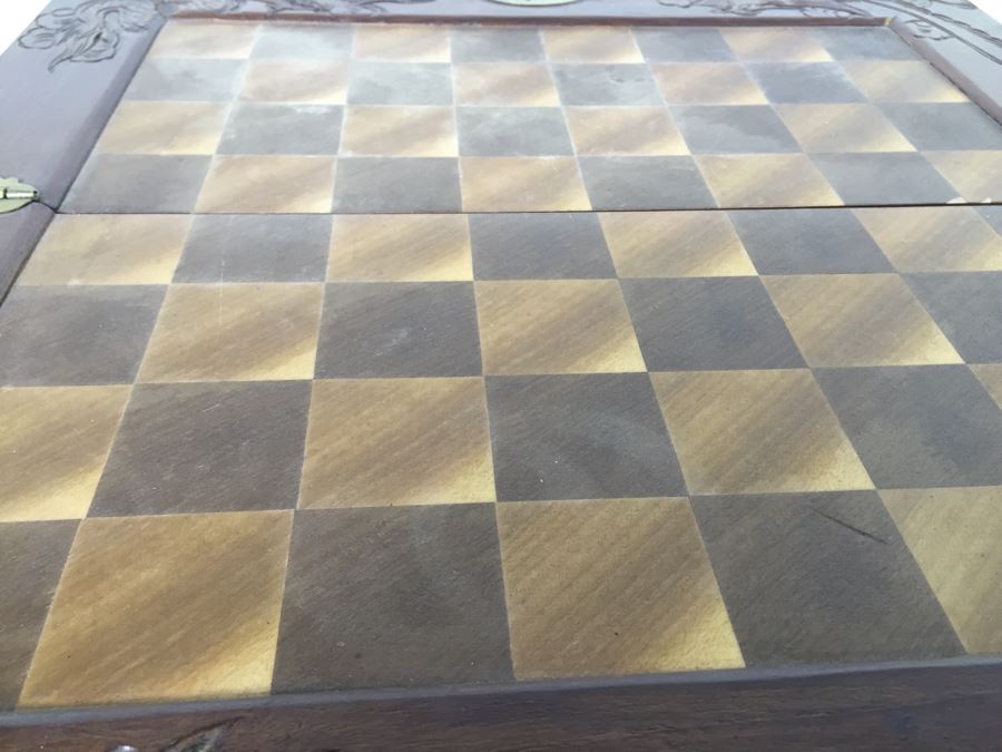 Portable Asian Wooden Chess Set With Brass Accents And Carved Wood Chess Pieces [Photo 10]