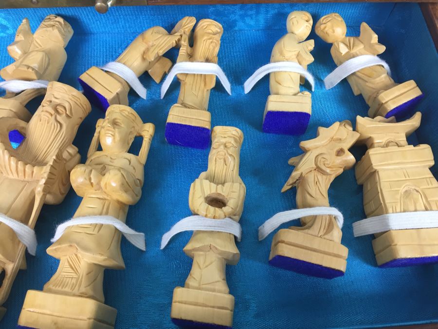 Portable Asian Wooden Chess Set With Brass Accents And Carved Wood Chess Pieces [Photo 21]