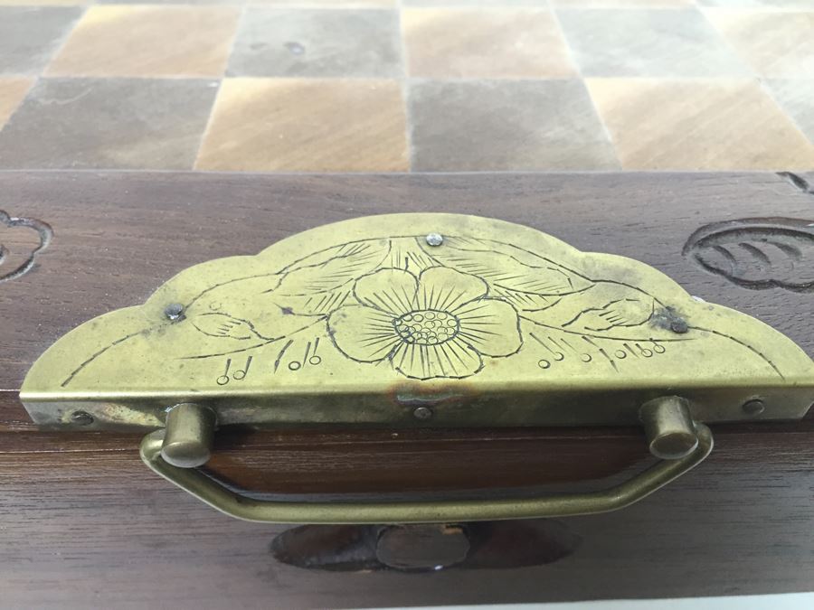 Portable Asian Wooden Chess Set With Brass Accents And Carved Wood Chess Pieces [Photo 23]