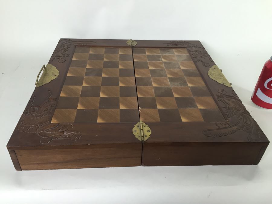 Portable Asian Wooden Chess Set With Brass Accents And Carved Wood Chess Pieces [Photo 4]