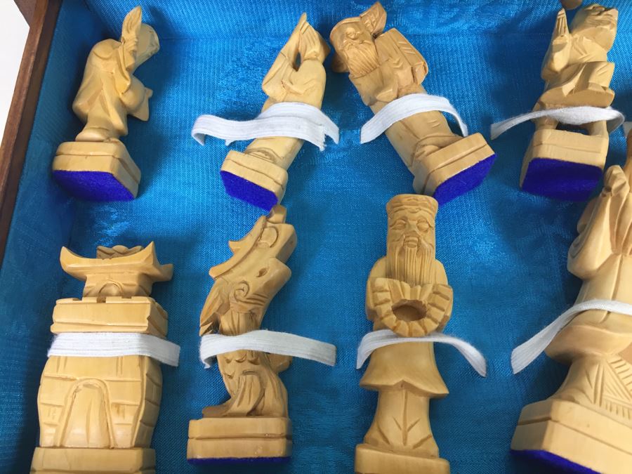 Portable Asian Wooden Chess Set With Brass Accents And Carved Wood Chess Pieces [Photo 18]