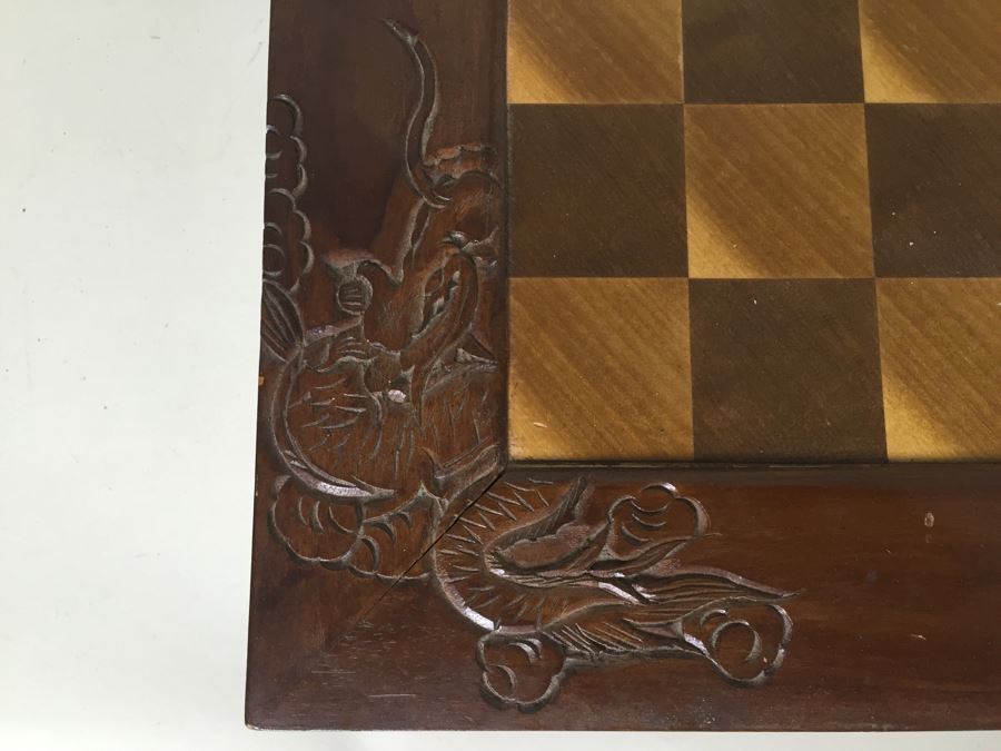 Portable Asian Wooden Chess Set With Brass Accents And Carved Wood Chess Pieces [Photo 6]