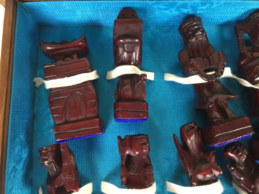 Portable Asian Wooden Chess Set With Brass Accents And Carved Wood Chess Pieces [Photo 11]