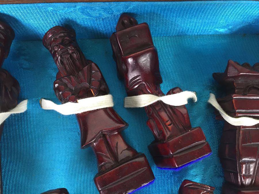 Portable Asian Wooden Chess Set With Brass Accents And Carved Wood Chess Pieces [Photo 14]