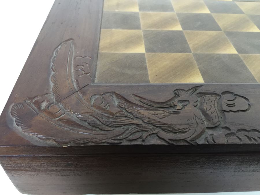 Portable Asian Wooden Chess Set With Brass Accents And Carved Wood Chess Pieces [Photo 9]