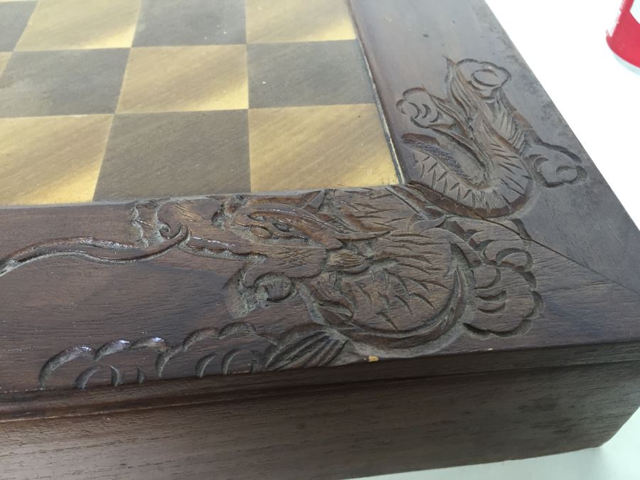 Portable Asian Wooden Chess Set With Brass Accents And Carved Wood Chess Pieces [Photo 3]