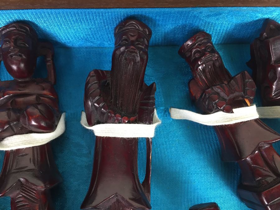 Portable Asian Wooden Chess Set With Brass Accents And Carved Wood Chess Pieces [Photo 13]