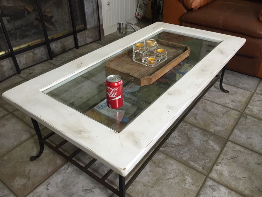 Wood And Metal Coffee Table With Inset Glass Top [Photo 2]