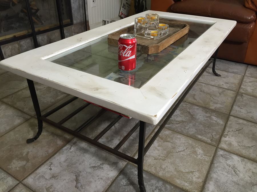 Wood And Metal Coffee Table With Inset Glass Top [Photo 1]