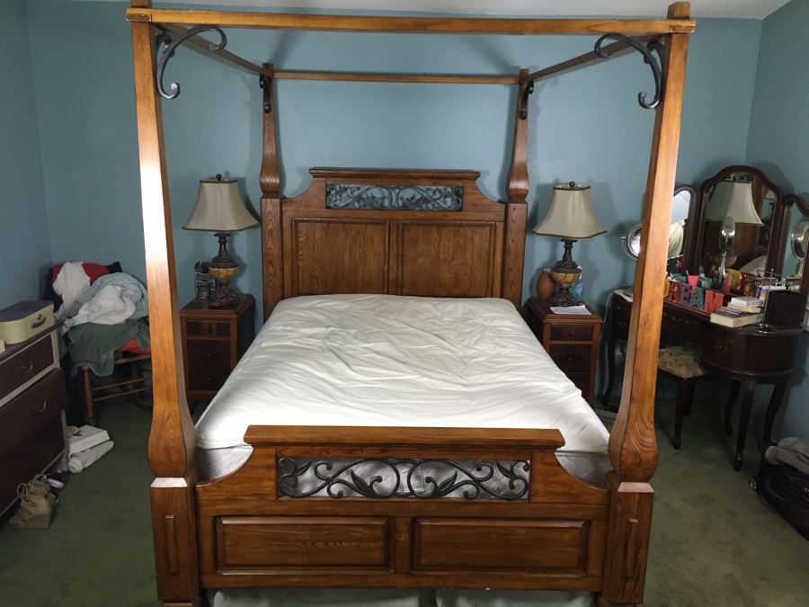 Four-Poster Wooden Bed With Metal Accents And Mattress + Boxsprings