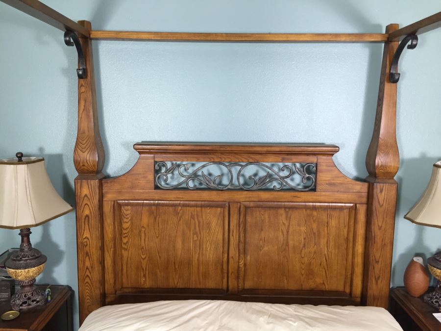 Four-Poster Wooden Bed With Metal Accents And Mattress + Boxsprings [Photo 6]