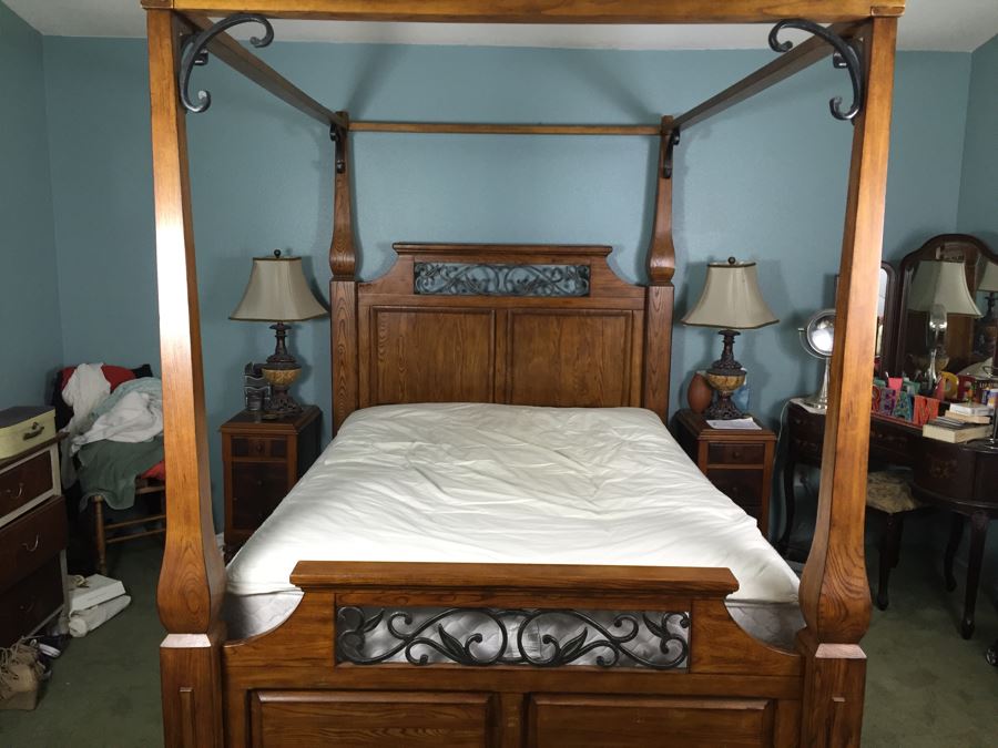 Four-Poster Wooden Bed With Metal Accents And Mattress + Boxsprings [Photo 4]