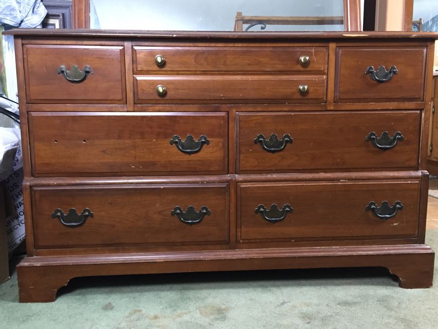 Wooden Cherry Dresser With Mirror By Sanford Furniture Co