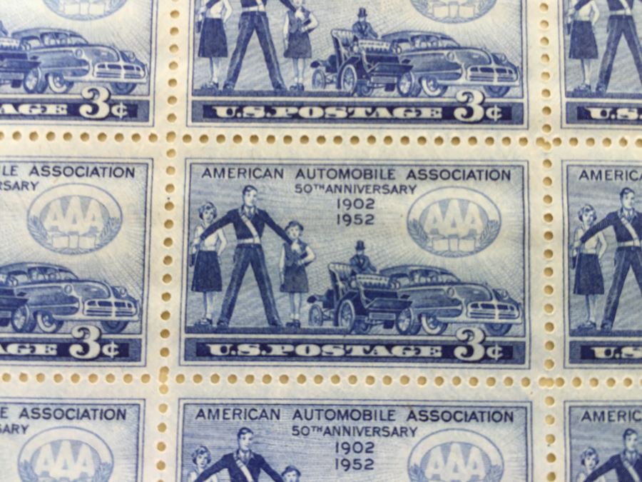 2 Mint Postage Stamp Sheet 1952 3 Cent AAA American Automobile