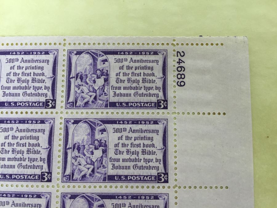 (2) Mint Postage Stamp Sheet 1952 3 Cent Gutenberg Bible [Photo 2]