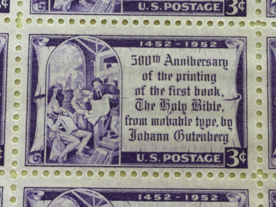 (2) Mint Postage Stamp Sheet 1952 3 Cent Gutenberg Bible [Photo 3]