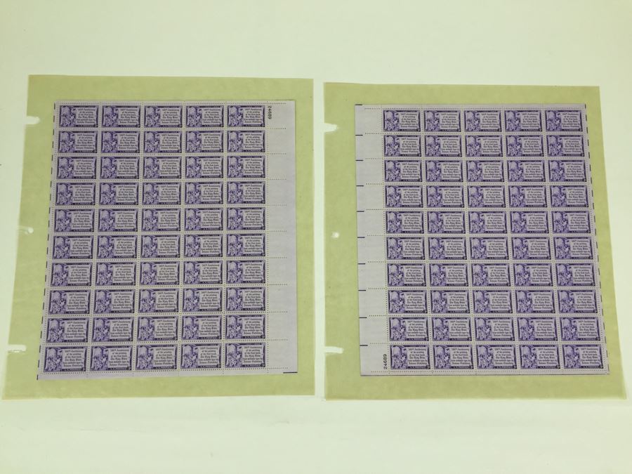 (2) Mint Postage Stamp Sheet 1952 3 Cent Gutenberg Bible