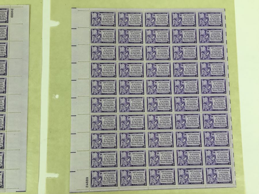 (2) Mint Postage Stamp Sheet 1952 3 Cent Gutenberg Bible [Photo 5]