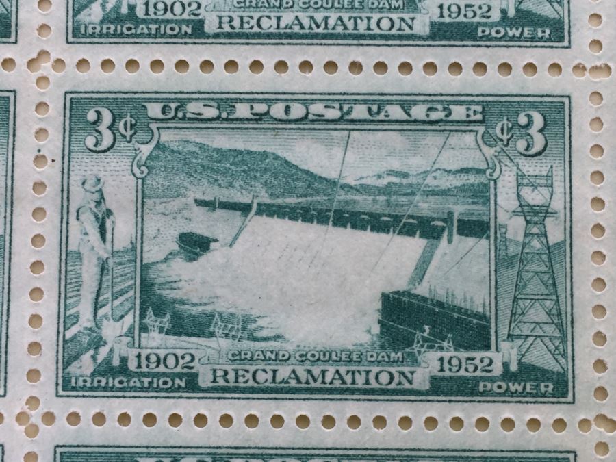 (2) Mint Postage Stamp Sheet 1952 3 Cent Grand Coulee Dam [Photo 3]