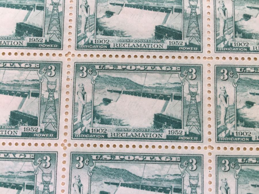 (2) Mint Postage Stamp Sheet 1952 3 Cent Grand Coulee Dam [Photo 7]