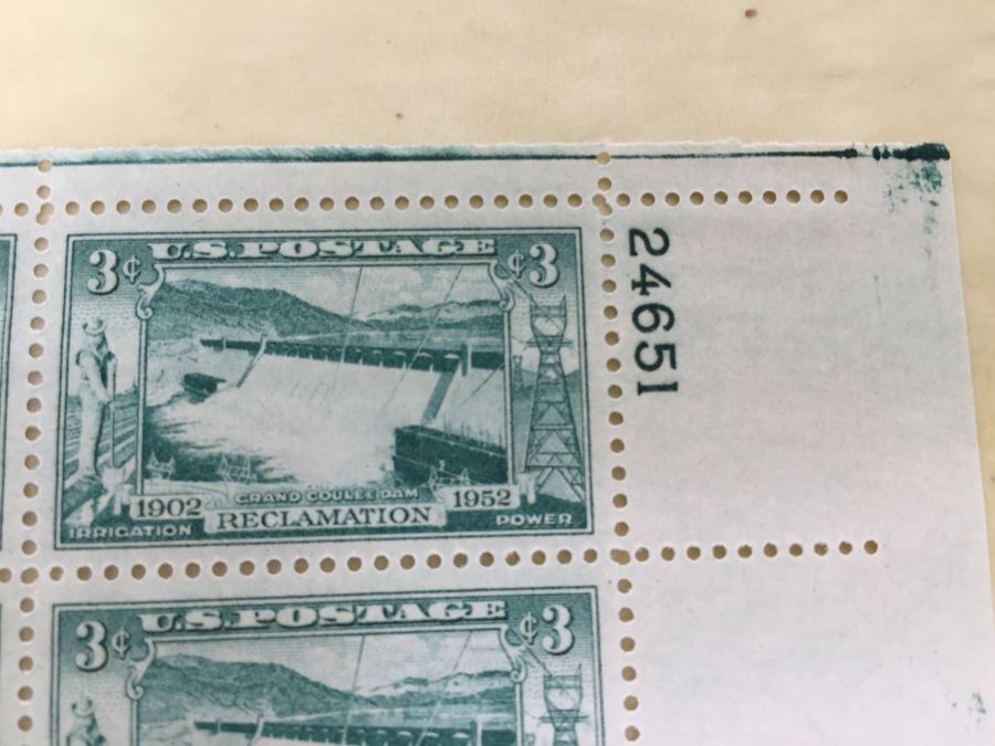 (2) Mint Postage Stamp Sheet 1952 3 Cent Grand Coulee Dam [Photo 6]